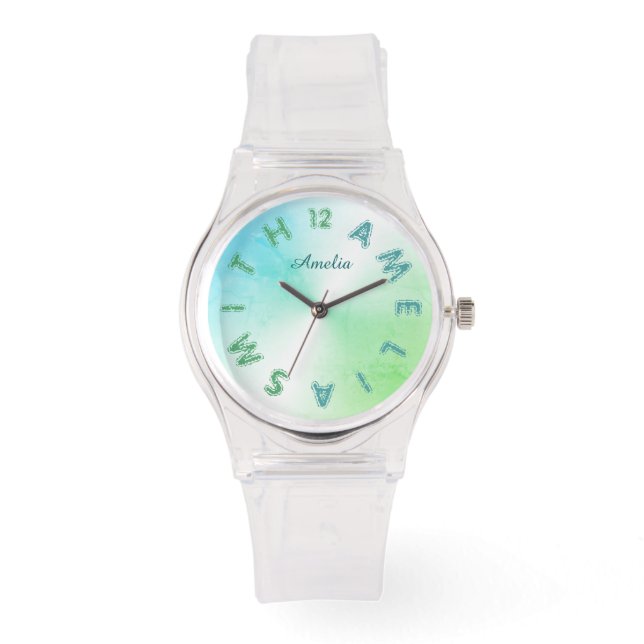 Personlig Brev Dial Teal Greenery White Armbandsur (Framsida)