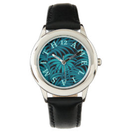 Personlig Brev Dial Teal Tropical Handflatan Löv Armbandsur