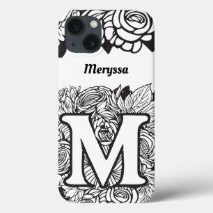 Personlig Brev M Black White Tattoo Flowers