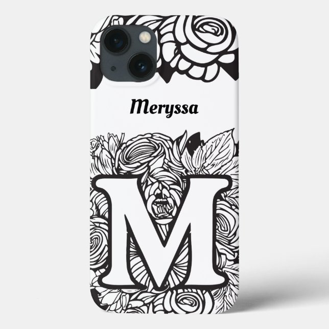 Personlig Brev M Black White Tattoo Flowers (Baksida)