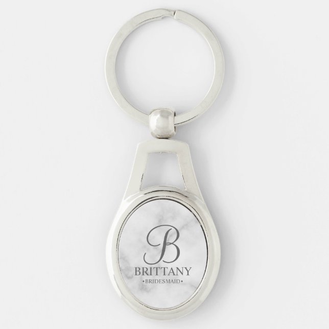 Personlig Bridesmaias Namn och Monogram Ovalt Silverfärgad Nyckelring (Framsidan)