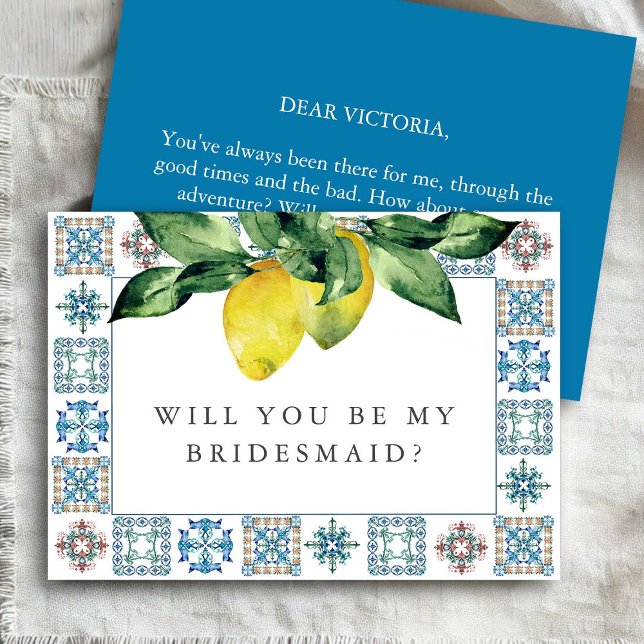 Personlig Bridesmaid Frieri Cards Lemons Anteckningskort (Bridesmaid proposal cards amalfi theme watercolor art by Victoria Grigaliunas)