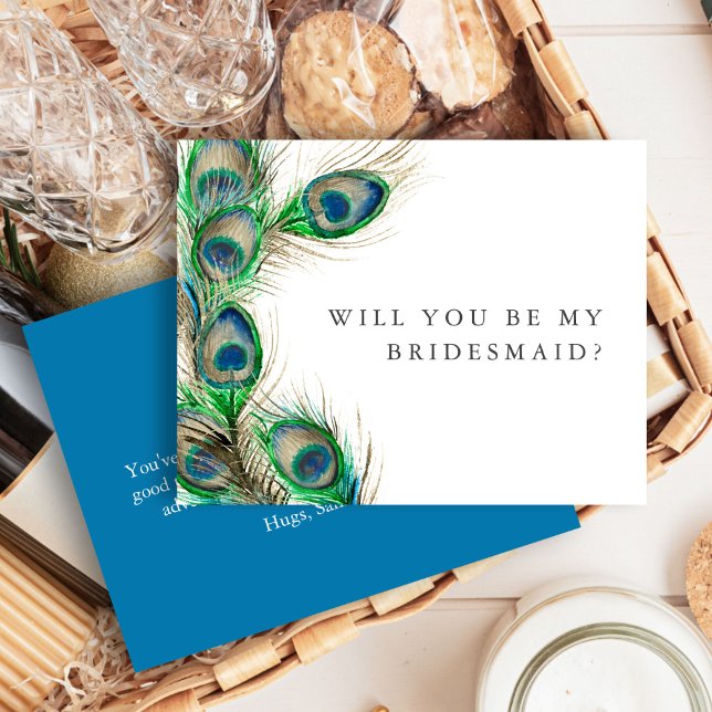 Personlig Bridesmaid Frieri Cards Peacock Anteckningskort (bridesmaid proposal card features watercolor peacock feather art by Victoria Grigaliunas)