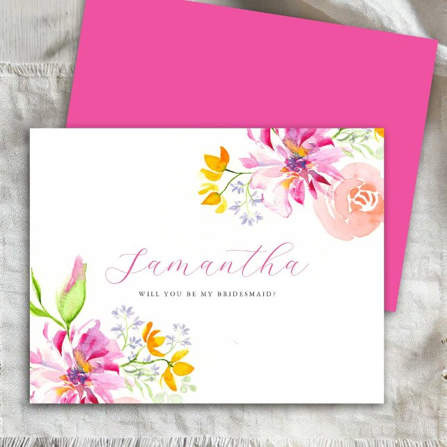 Personlig Bridesmaid Frieri kort vattenfärg (Bridesmaid proposal cards watercolor pink flowers art by Victoria Grigaliunas of Do Tell A Belle)