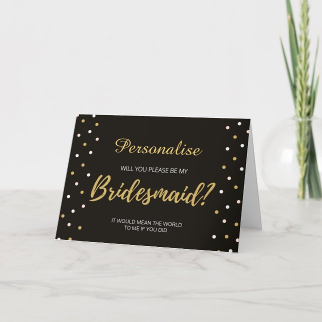 Personlig Bridesmaid-kort svart vitt & guld Inbjudan (Framsida)