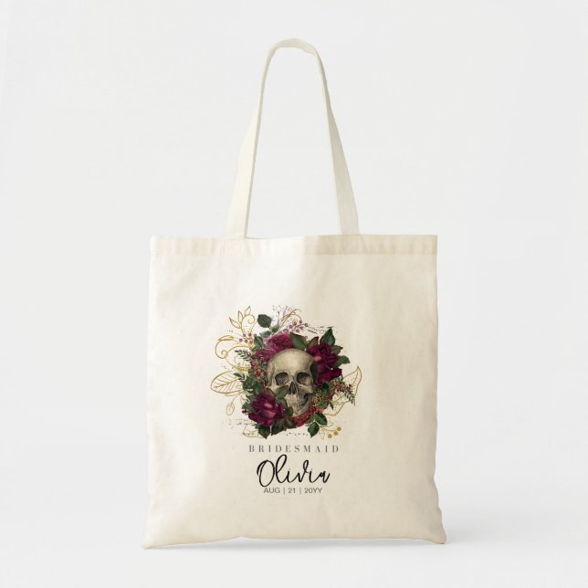 Personlig Bridesmaid Tote Gothic Skull Burgundy Tygkasse (Framsidan)