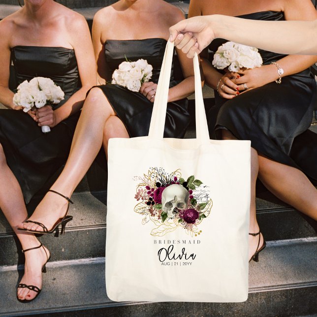 Personlig Bridesmaid Tote Gothic Skull Burgundy Tygkasse (Skapare uppladdad)