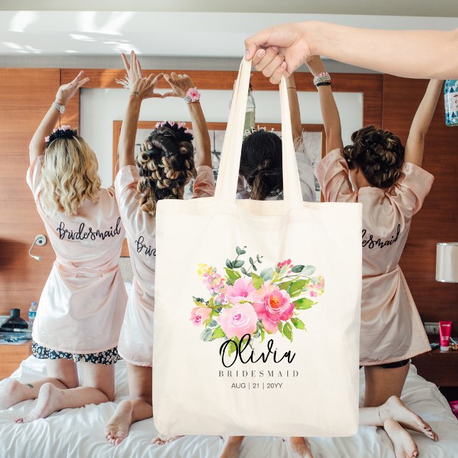 Personlig Bridesmaid Tote | Rosa Blommigt Flowers Tygkasse (Skapare uppladdad)