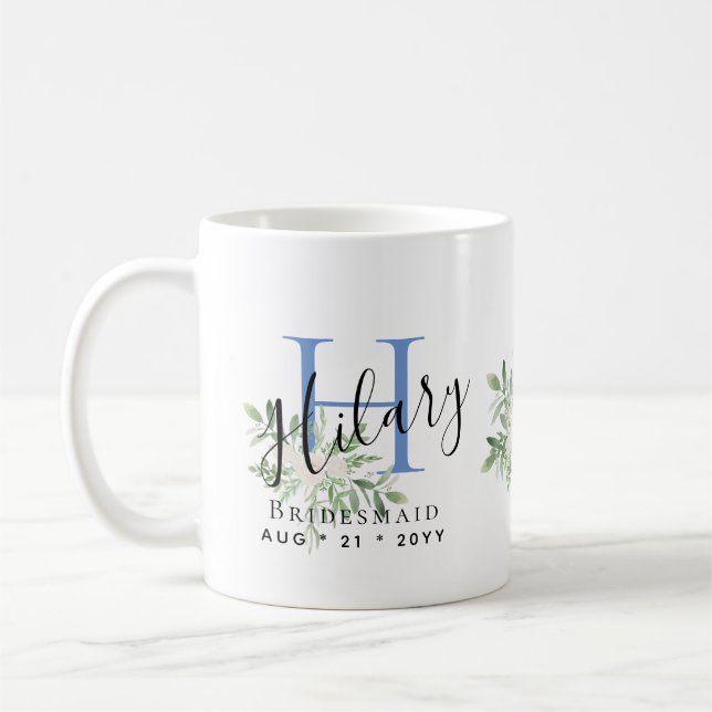 Personlig Bridesmaids Blue Initial Namn Blommigt Kaffemugg (Vänster)
