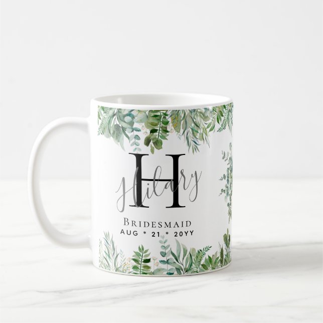 Personlig Bridesmaids Monogram Greenery Bröllop Kaffemugg (Vänster)