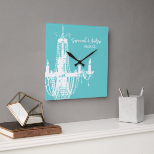 Personlig Bright Aqua Chandelier eller valfri Färg Fyrkantig Klocka