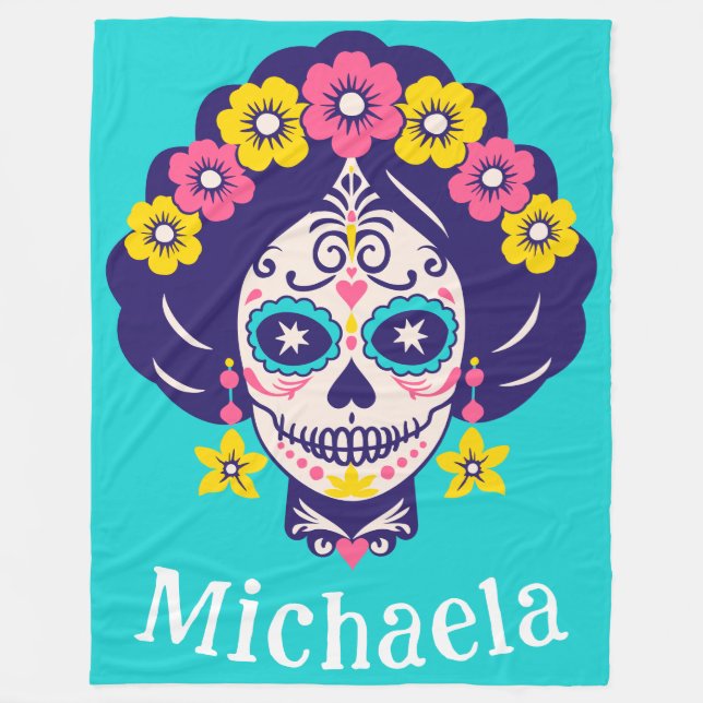 Personlig Bright Blommigt Sugar Skull Girl Fleecefilt (Framsidan)