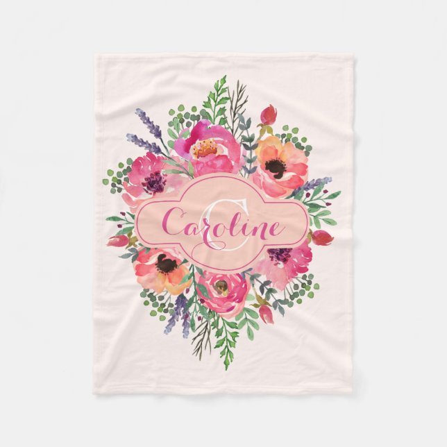 Personlig Bright Blooms - Rosa & persikor - Ull Fleecefilt (Framsidan)