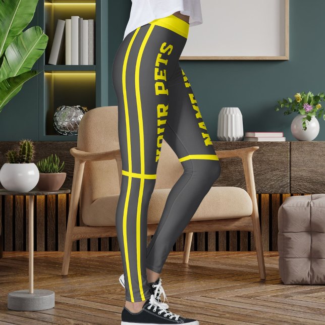 Personlig Bright Gult Grått Rand Pet Namn Leggings (Skapare uppladdad)