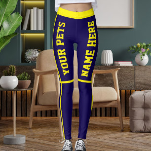 Personlig Bright Gult Mörk blått Pet Namn Leggings