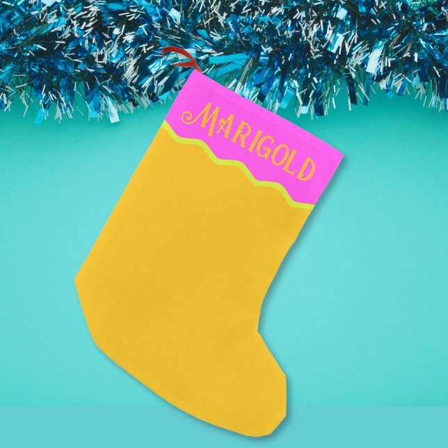 Personlig Bright Vågigt Orangens Rosa Grönt Liten Julstrumpa (Personalized Christmas stocking in mango orange with fuchsia bright pink, and pear bright green)