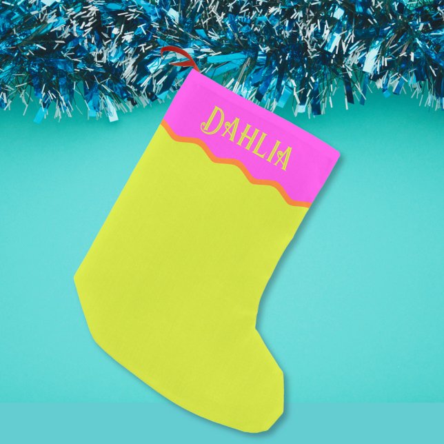 Personlig Bright Vågigt Rosa Grönt Orange Liten Julstrumpa (Colorful Personalized Christmas stocking in pear bright green, Fuchsia bright pink, and mango orange)