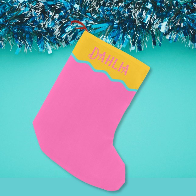 Personlig Bright Vågigt Shock rosa Turquise-Orange Liten Julstrumpa (Hot Pink Stocking with pink name on mango orange gold background and turquoise accent)