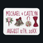 Personlig Bröllop Bell Flowers Bowtie Bouquet Magnet<br><div class="desc">Magnet-designen är en originalillustration av en rad klassiska bröllop-formgivningar,  inklusive en klocka,  tarm,  blombukett och boutonniere. Anpassa med din information. Förstår du inte exakt vad du är tittar för? Kontakta Rebecca för att få en produkt anpassad för dig!</div>