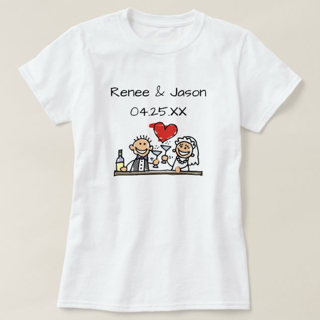 Personlig Bröllop Bride Groom Couple Namn Date T Shirt (Design framsida)