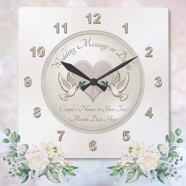 Personlig Bröllop Clock Love Bird Wedding Gifts Fyrkantig Klocka (Elegant, Love Birds and Heart, personalized wall clock wedding gift. for bride and groom. Clock.)