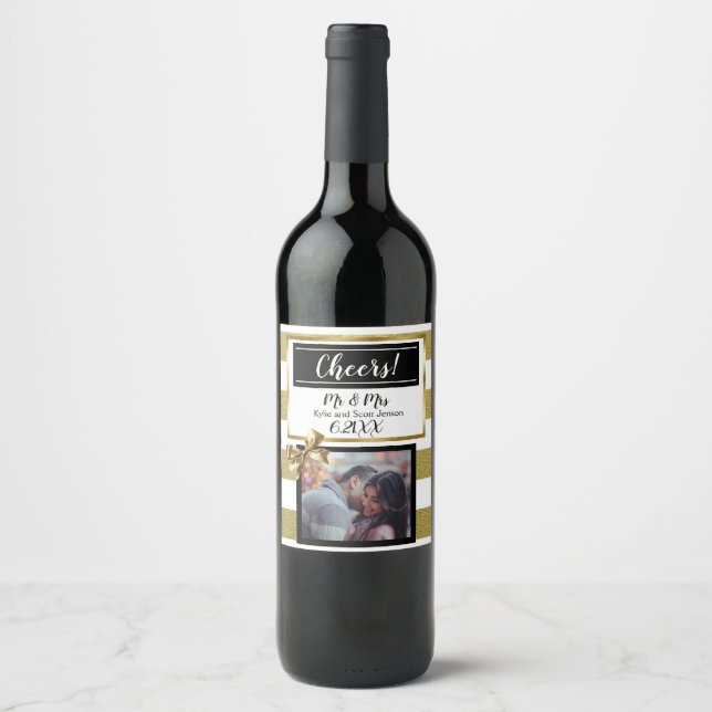 Personlig Bröllop Guld och Svarta bladet Vinflaska Etikett (Framsida)