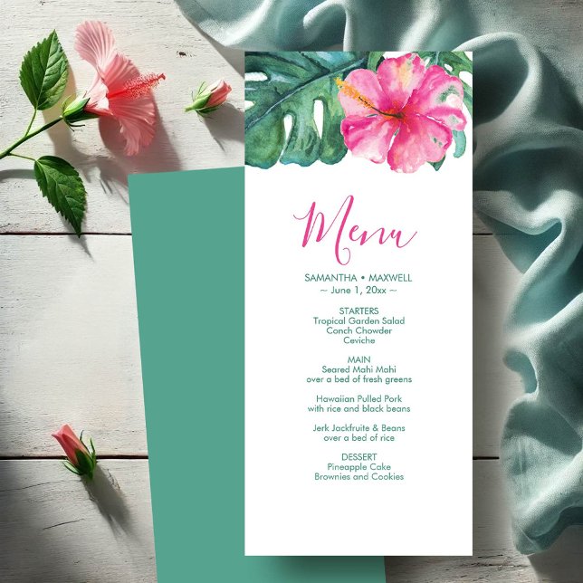 Personlig Bröllop Menu-kort Tropical Hibiscus Meny (Wedding menu cards watercolor hibiscus flower & palm leaves by Victoria Grigaliunas DoTellABelle)