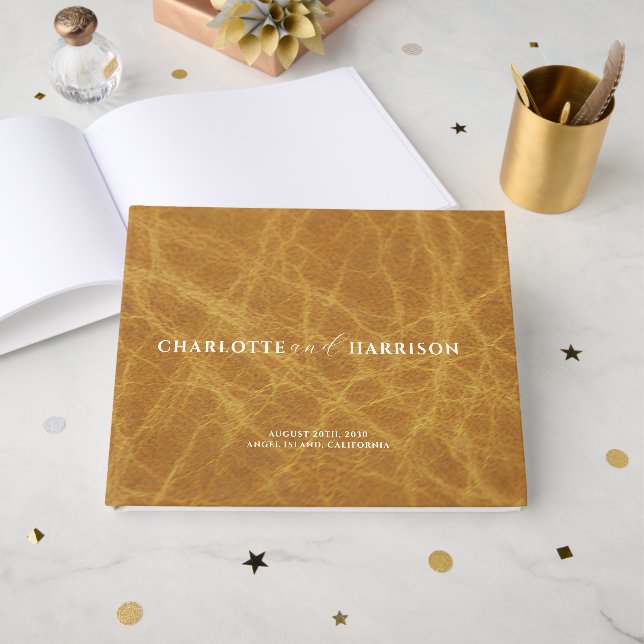 Personlig Bröllop Monogram Faux Leather Camel Gästböcker (Framsida Öppen)