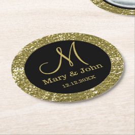Personlig Bröllop Monogram Glitter Guld Underlägg Papper Rund