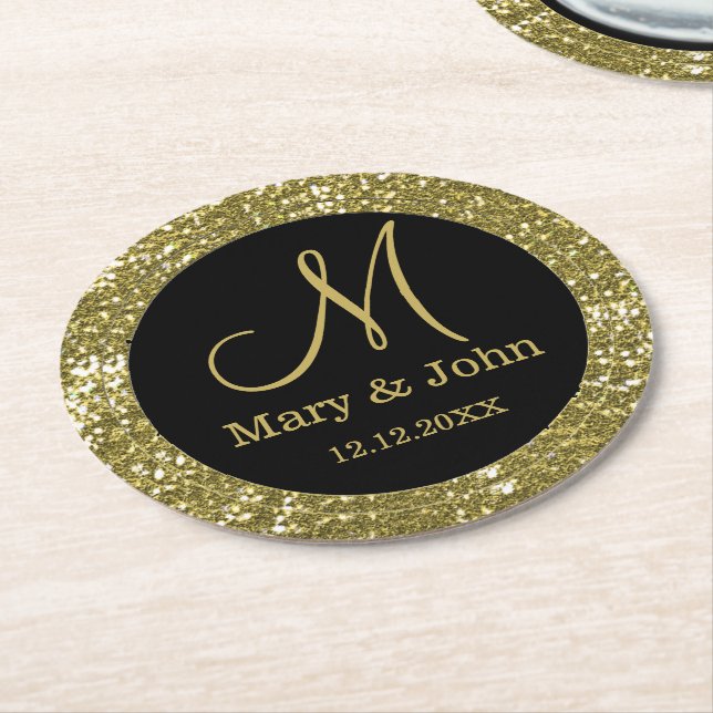 Personlig Bröllop Monogram Glitter Guld Underlägg Papper Rund (Vinklad)