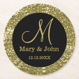 Personlig Bröllop Monogram Glitter Guld Underlägg Papper Rund