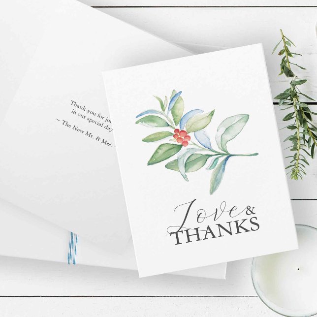 Personlig Bröllop Tack för julen Kort (Christmas thank you cards features watercolor red and green botanicals.)