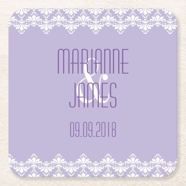 Personlig Bröllop Underlägg Lilac Lila Damask Papper Kvadrat (Framsidan)