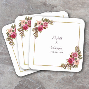 Personlig Bröllop Watercolor Elegant Blommigt Underlägg Papper Kvadrat
