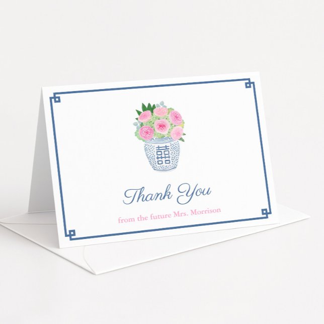Personlig Bröllopsfest i Preppy Roses Ginger Jar-t Tack Kort (Chinoiserie chic pink and navy blue thank you card design with hot pink roses in ginger jar)