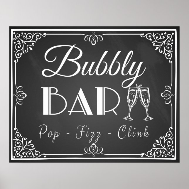 Personlig bröllopsskylt för "Bubbly Bar" på svart  Poster (Framsidan)
