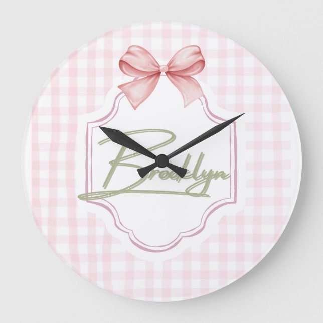 Personlig Brooklyn Flicka Nursery BowGingham Stor Klocka (Framsida)