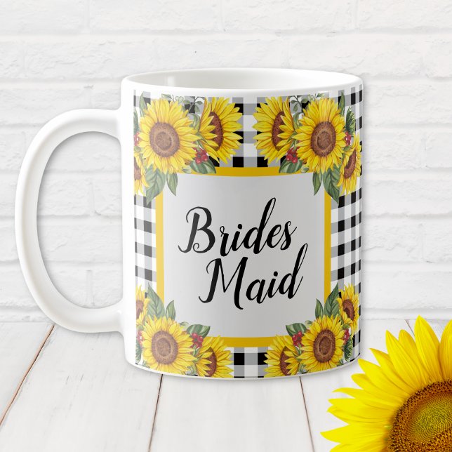 Personlig Brudtärna Mugg Rutigt Mönster & Solrosor (Bridesmaid personalized Sunflowers and Gingham Bridal Shower Gift Mug)