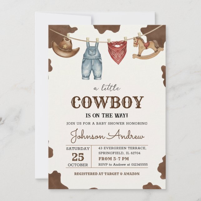 Personlig Brun Cowboy Baby Shower Inbjudan (Framsida)