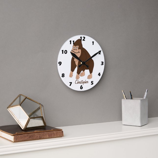 Personlig Brun Gorilla Design Rund Klocka (Kontor)