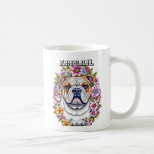 Personlig Bulldog och Whimsical Flowers Kaffemugg