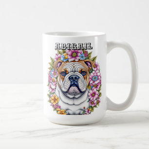 Personlig Bulldog och Whimsical Flowers Kaffemugg