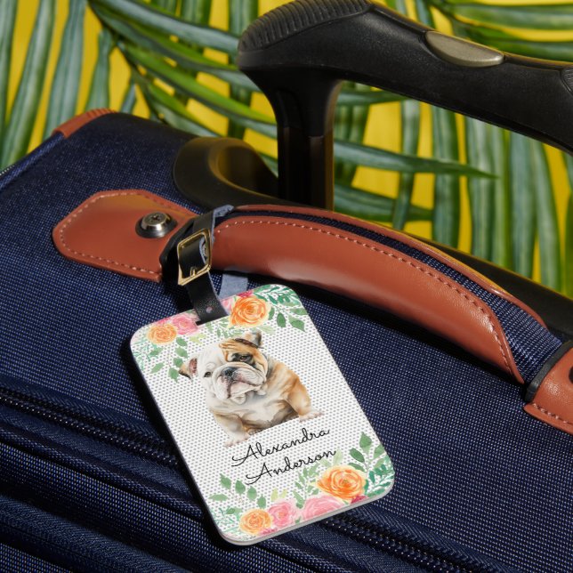 Personlig Bulldog Puppy Blommigt Bagagebricka (Framsida Insitu 1)