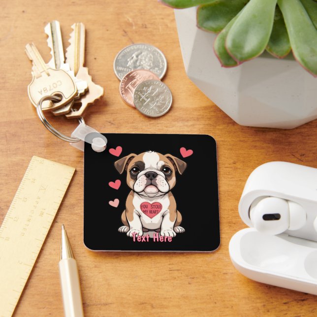 Personlig Bulldog Puppy med Heartfilmeddelande Nyckelring (Skrivbord)