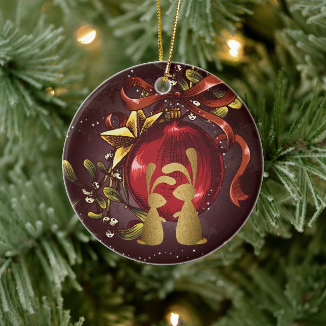 Personlig Bunny Couple n'Mistletoe Jul Julgransprydnad Keramik (Träd)