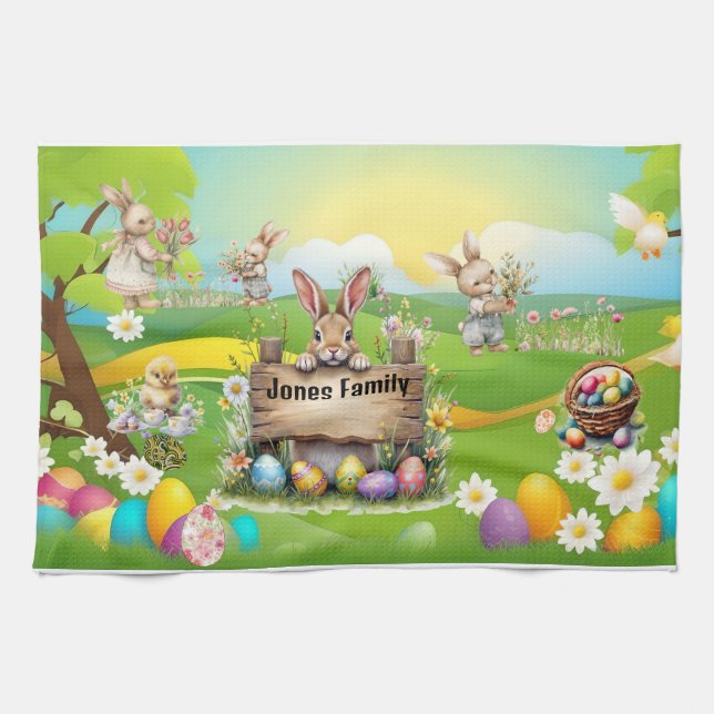 Personlig Bunny Family Picnic Tea Towel Kökshandduk (Horisontell)