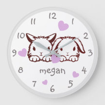 Personlig Bunny Lila Heart Nursery Wall Clock