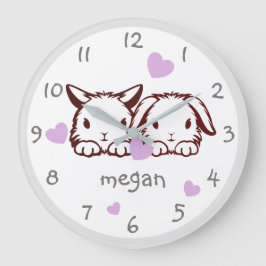 Personlig Bunny Lila Heart Nursery Wall Clock Stor Klocka