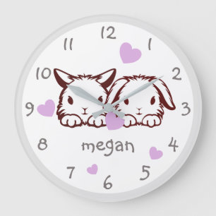 Personlig Bunny Lila Heart Nursery Wall Clock Stor Klocka