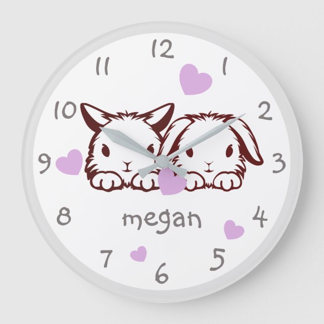 Personlig Bunny Lila Heart Nursery Wall Clock Stor Klocka (Framsida)